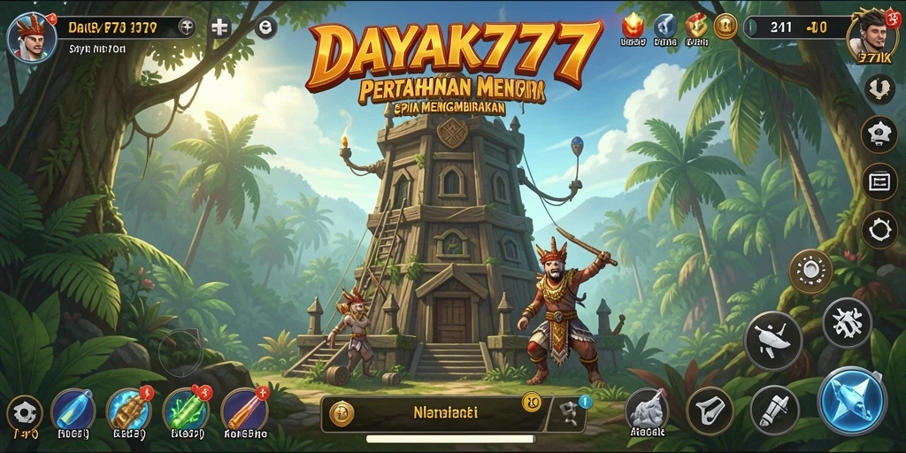 Tampilan Gameplay DAYAK777 dalam pertahanan menara yang intens.