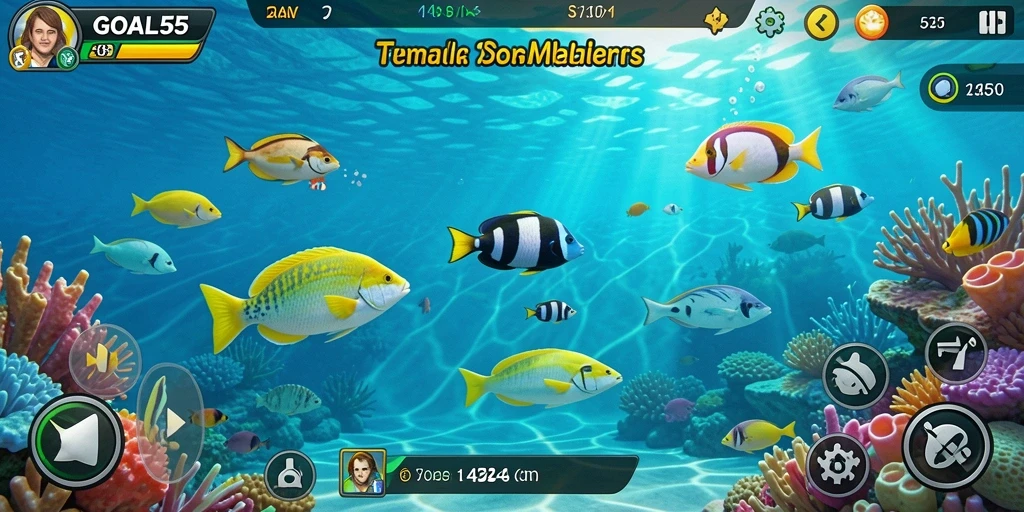 Tangkapan layar menunjukkan gameplay seru dalam GOAL55, penuh aksi menembak ikan.