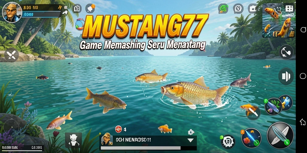 Screenshot gameplay MUSTANG77 yang menunjukkan aksi memancing seru.