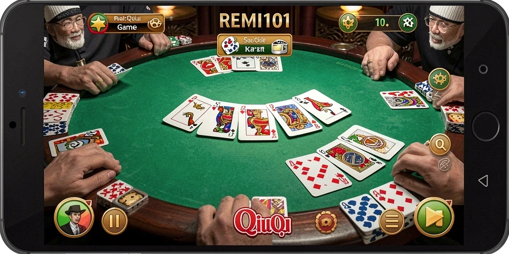 Screenshot REMI101 menampilkan situasi penuh aksi dalam permainan QiuQiu.