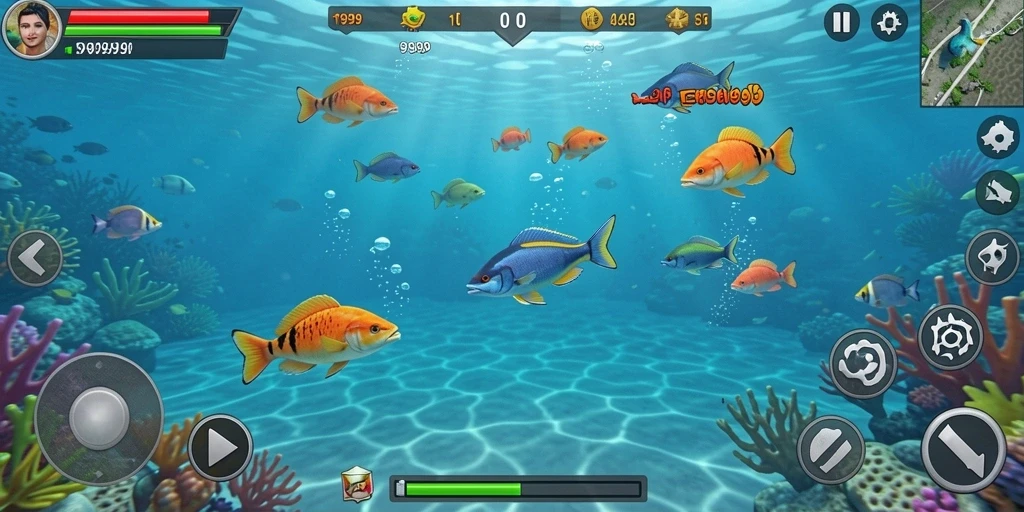 Tangkapan layar gameplay T9999 menampilkan aksi menembak ikan yang menarik.