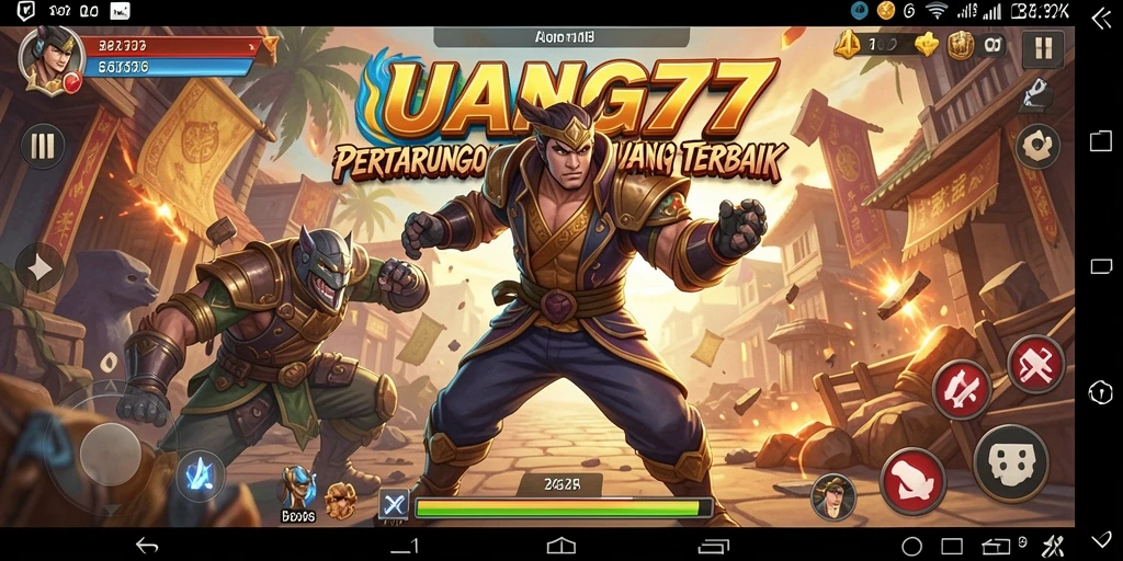 Screenshot utama UANG77 menampilkan aksi pertarungan intens antara dua karakter.