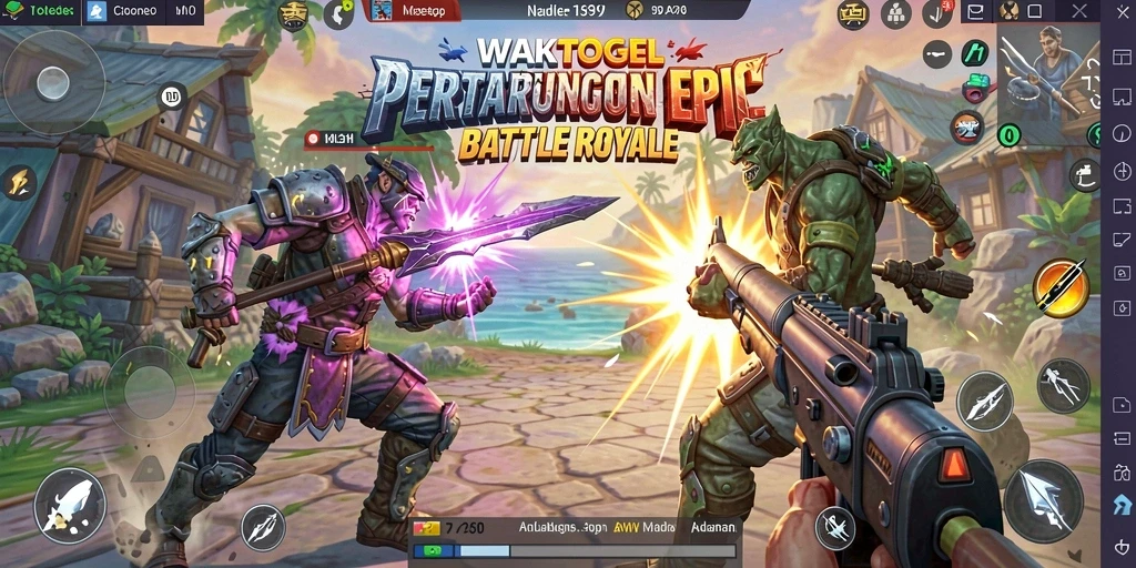 Screenshot utama WAKTOGEL menunjukkan aksi pertarungan di arena Battle Royale.